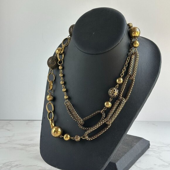 Vintage Long Necklace W/ Metal Mesh Beads & Links Gold-Tone 32" - Picture 10 of 11